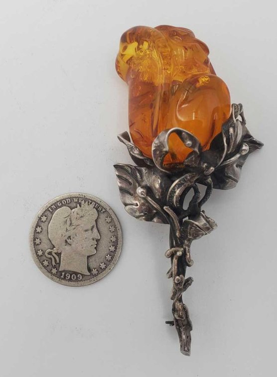 Sterling Silver & Amber Rose Brooch 