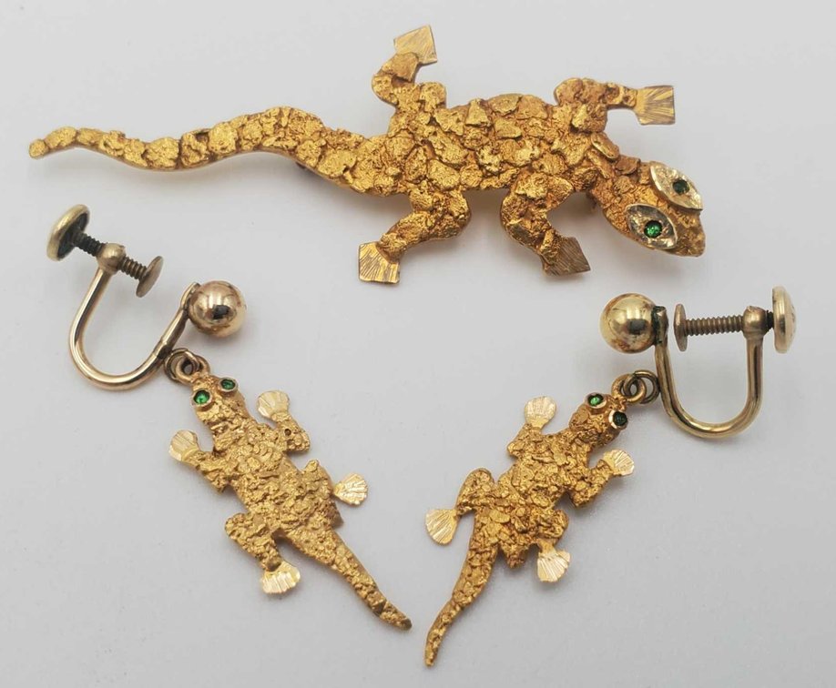 H.B. Avakoff 14k & Gold Nugget Lizard Brooch & Earring Set