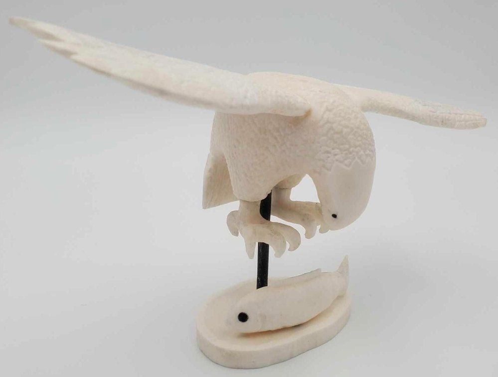 Large Walrus Ivory Carving Eagle Catching Salmon