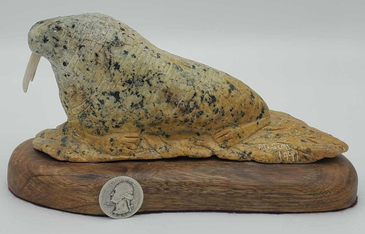 Soapstone Walrus Carving w/ Ivory Tusks