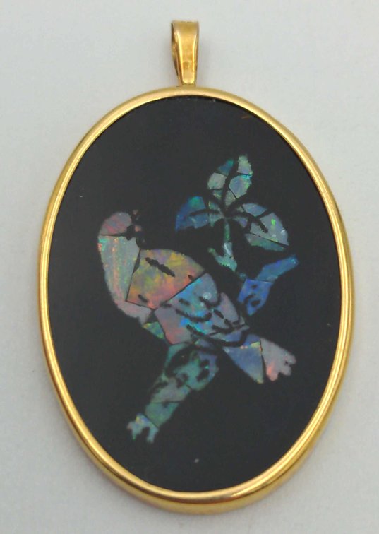 14k Gold, Opal & Onyx Mosaic Pendant 