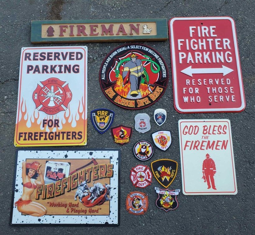 Group of Firefighter Signs & Patches 