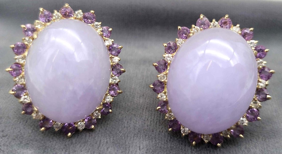 14k Gold, Lavender Jade, Diamond & Amethyst Earrings 