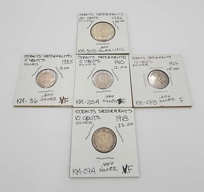 5x Straits Settlements Silver Coins 1910-1935
