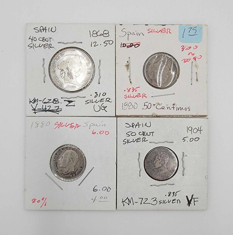 4x Spanish Silver Coins 1868-1904