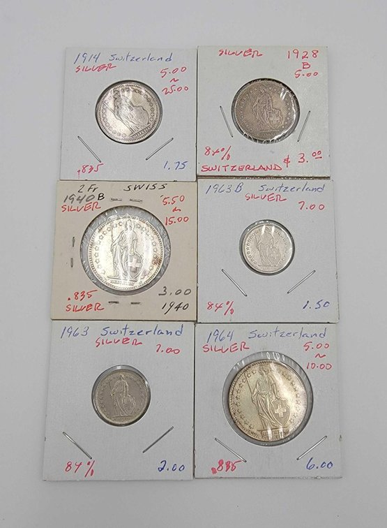 6x Switzerland Silver Coins 1914-1964