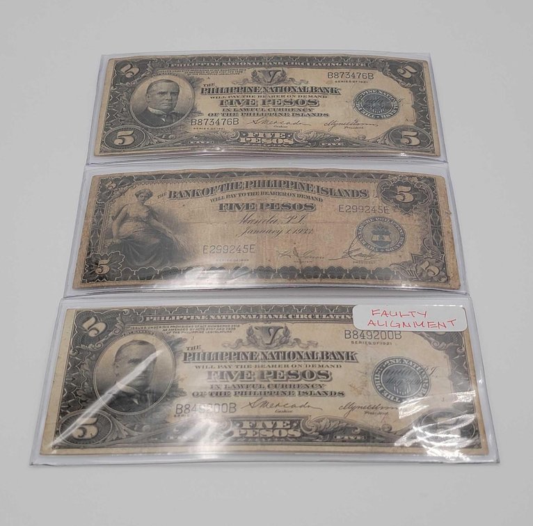 3x Philippines 5-Peso Bank Notes 1921-1933