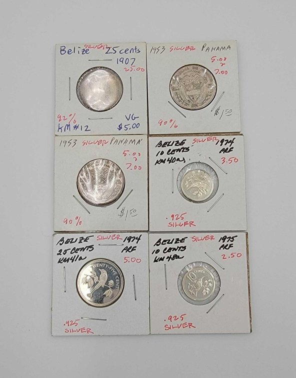 6x Belize & Panama Silver Coins 1907-1975