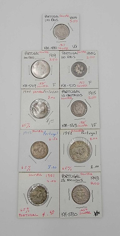 9x Portuguese Silver Coins 1854-1951