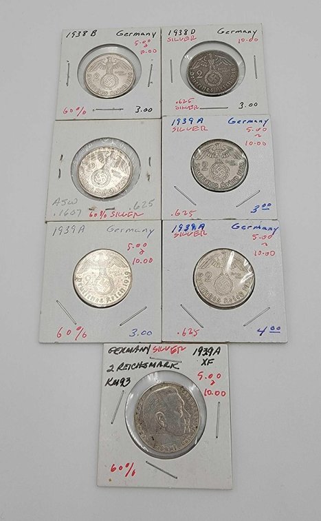 7x Silver German Nazi-Era Coins 1938-1939
