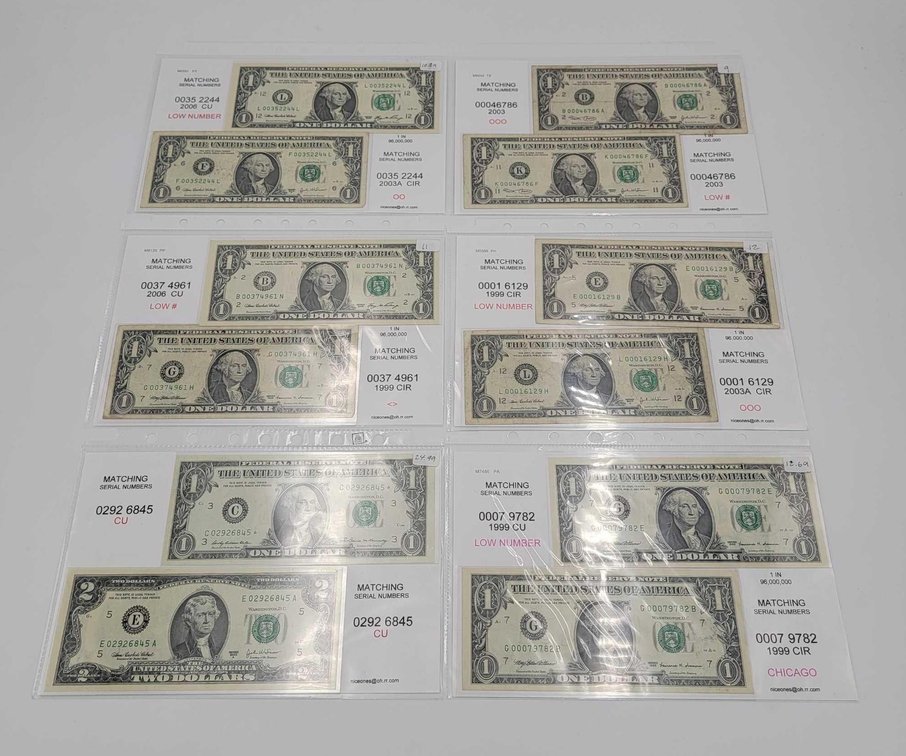 6x Pairs of U.S. Bills with Matching Serial Numbers #1