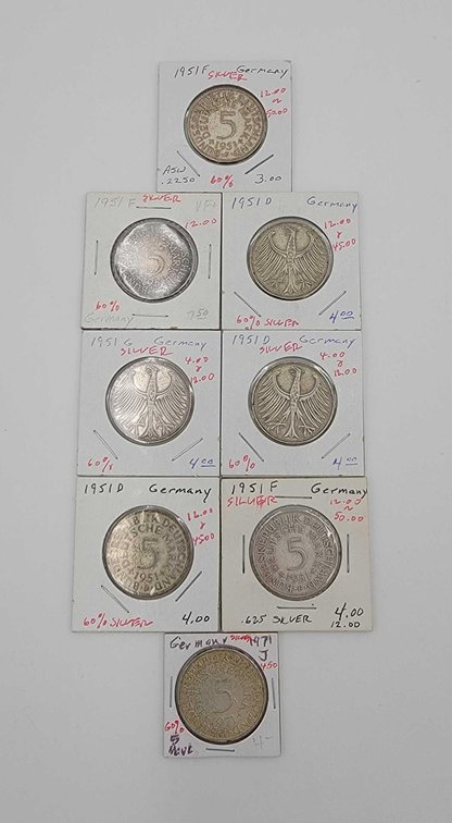 8x German Silver Coins 1951-1971