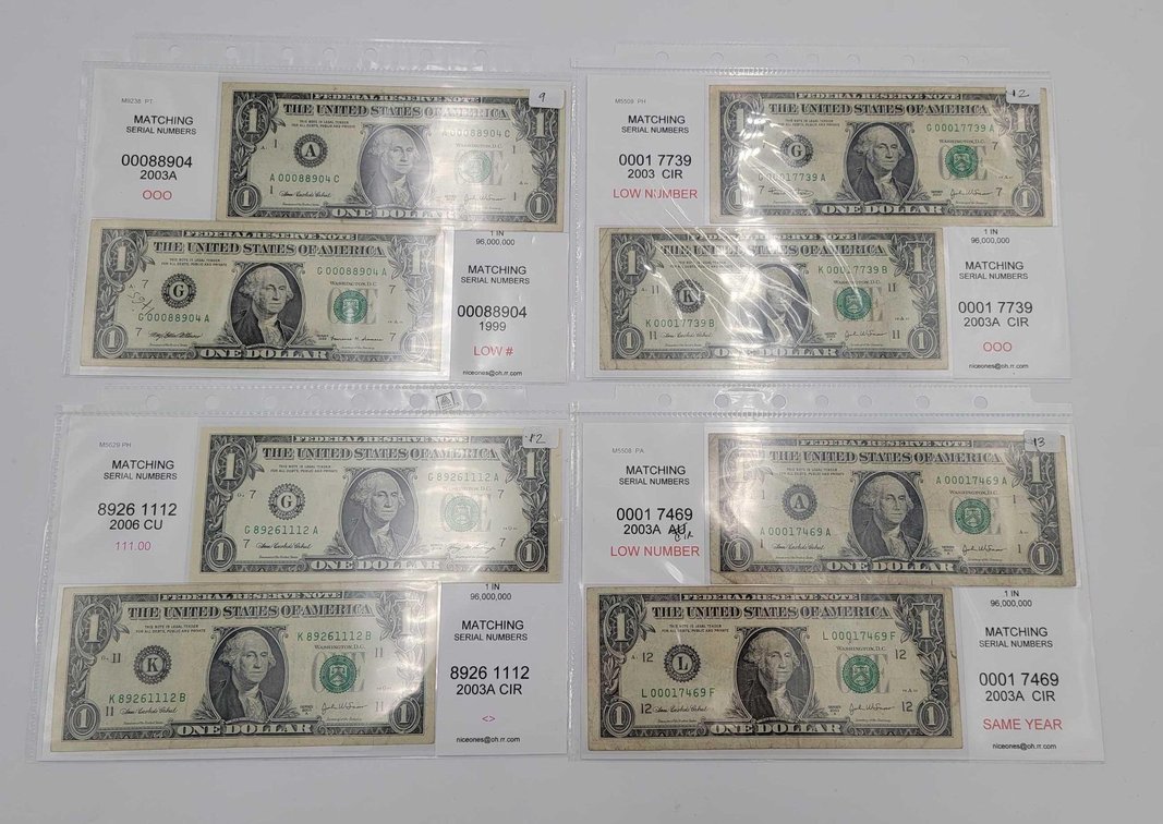 4x Pairs of U.S. Bills with Matching Serial Numbers