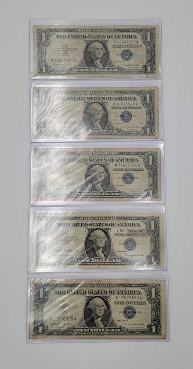 5x Series 1957B $1 Silver Certificates