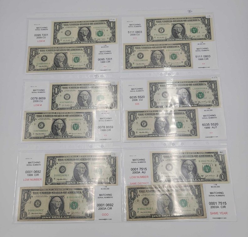 6x Pairs of U.S. Bills with Matching Serial Number #2