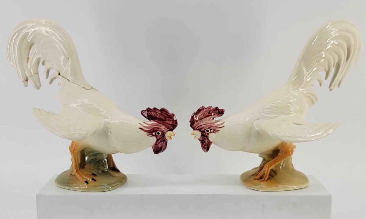 2x Vintage Brad Keeler Rooster Figurines 