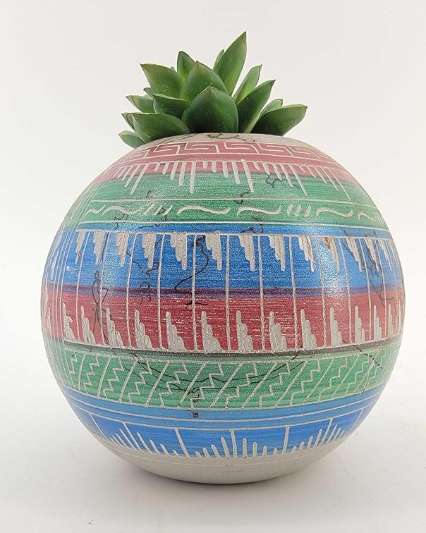 Native American Buffalo Etched Pot & Faux Plant