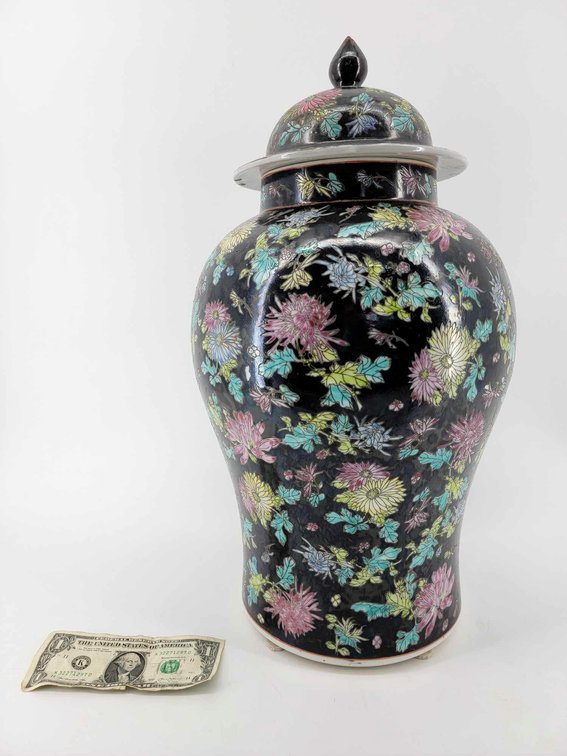 Tall Chinese Porcelin Garden Scene Covered Jar