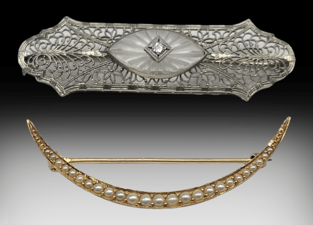 14k Gold Art Deco Diamond Filigree & Edwardian Style Crescent Moon Pearl Brooches
