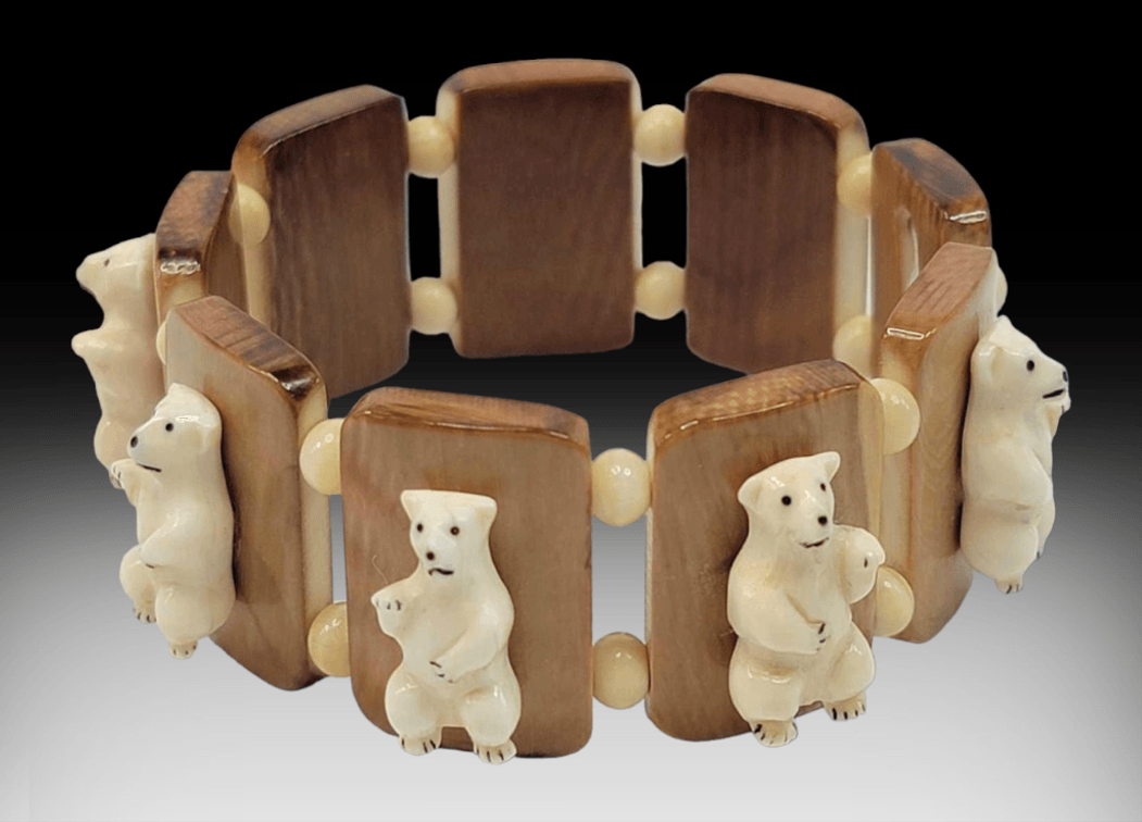 Fossilized Mammoth Ivory Bracelet w/ Walrus Tusk Polar Bears & Beads