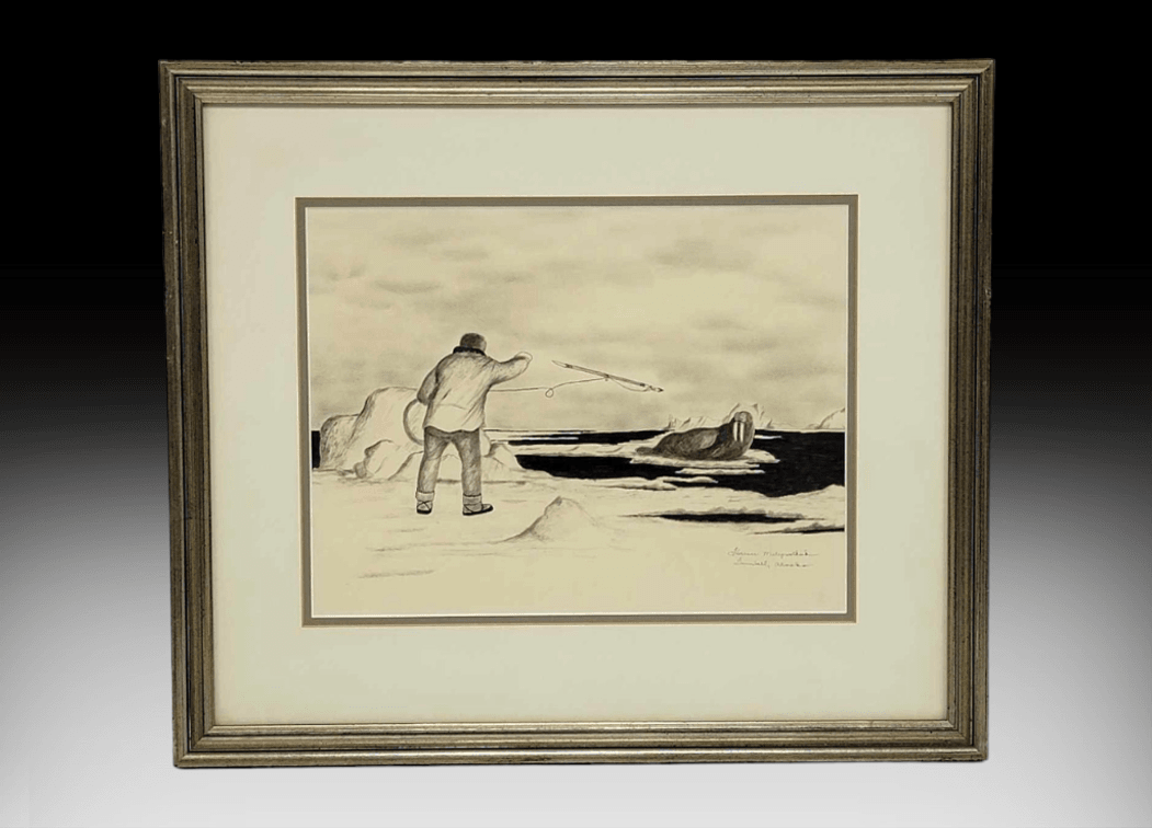 Florence Nupok Melewotkuk Pen & Ink Image of a Walrus Hunter