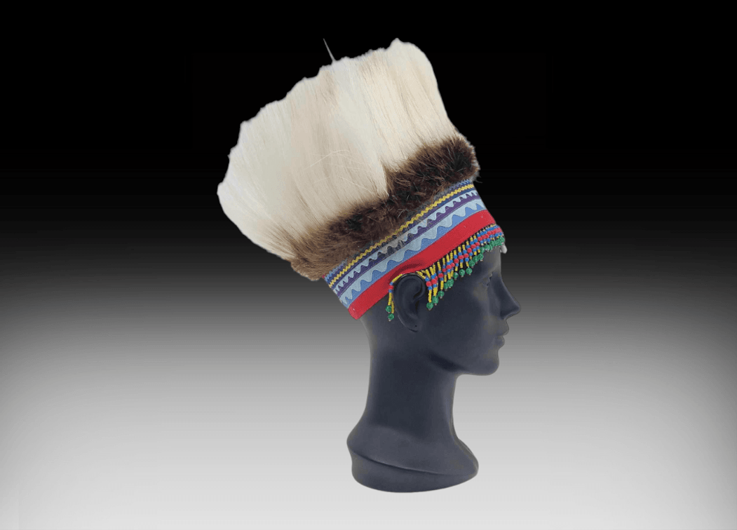 Yup'ik Beaver & Wolf Fur Headdress w/ Beaded Trim