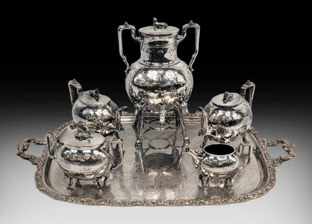 Reed & Barton Egyptian Revival Silverplate Tea Service w/ Tray