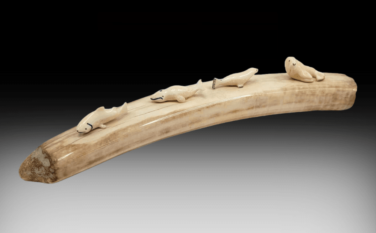 Scrimshaw Arctic Animals on Fossilized Walrus Tusk