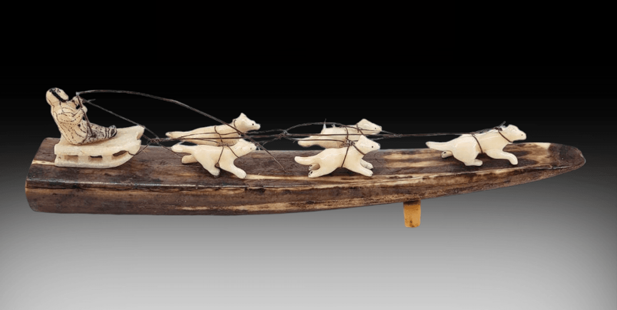 Walrus Tusk Musher & Sled Dog Team Diorama