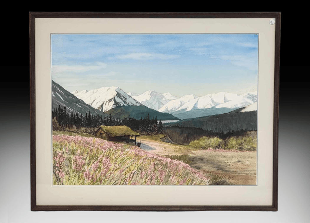 Charles Gause Original Watercolor Landscape of a Log Cabin