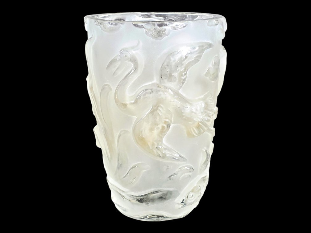Lalique-Style Frosted Glass Crane Vase, Reproduction