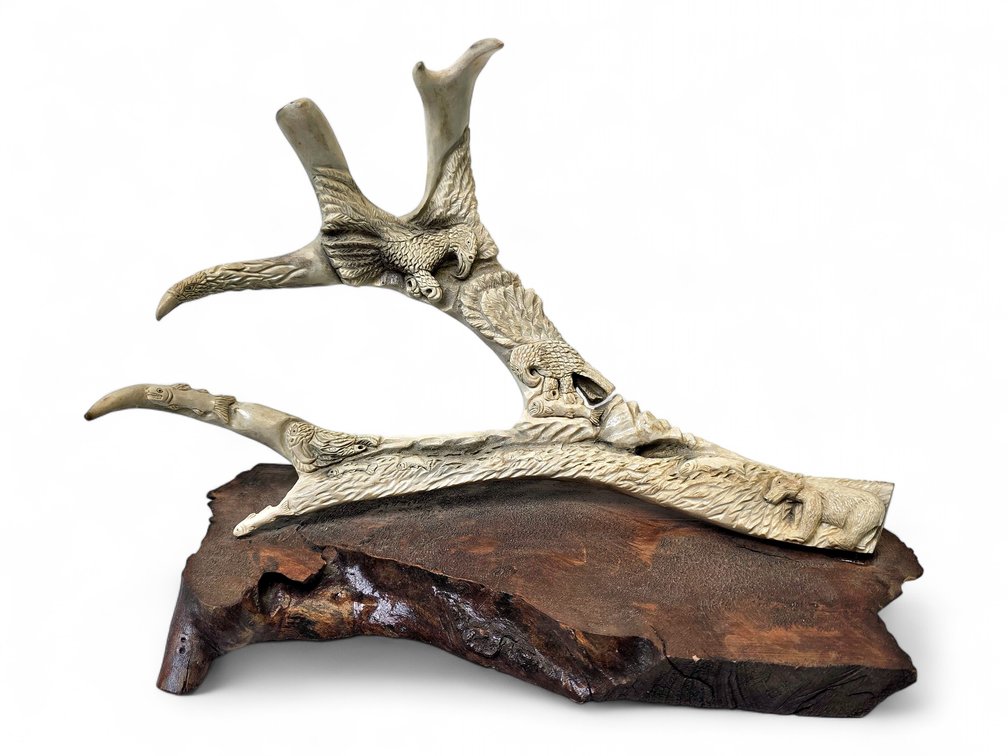 A Heavily Relief Carved Caribou Antler