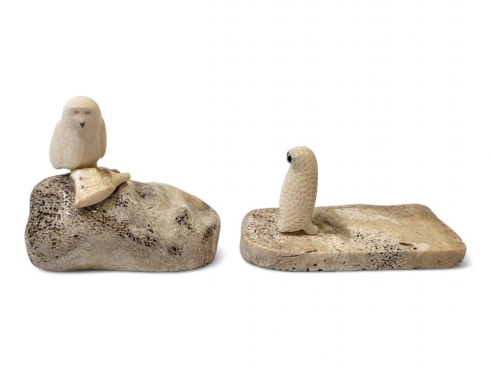 Walrus Ivory Carved Owls - Pat Kakaruk