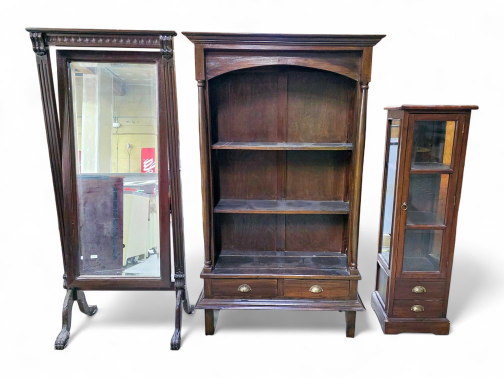Bookshelf, Curio Cabinet & Cheval Mirror