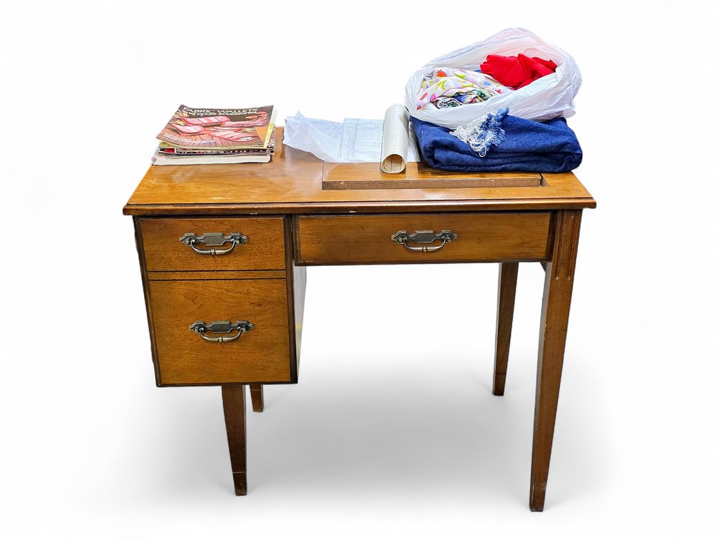 Sewing Desk, Patterned Fabric, Needlework Magazines & More