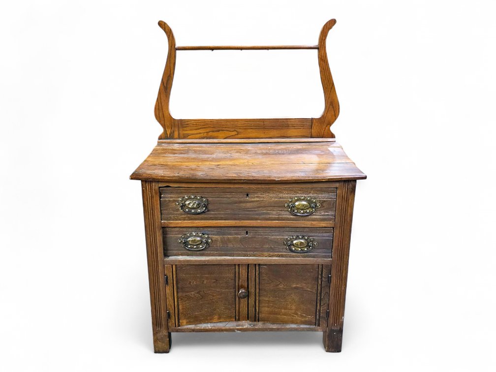 Antique Oak Washstand w/ Harp Towel Rack