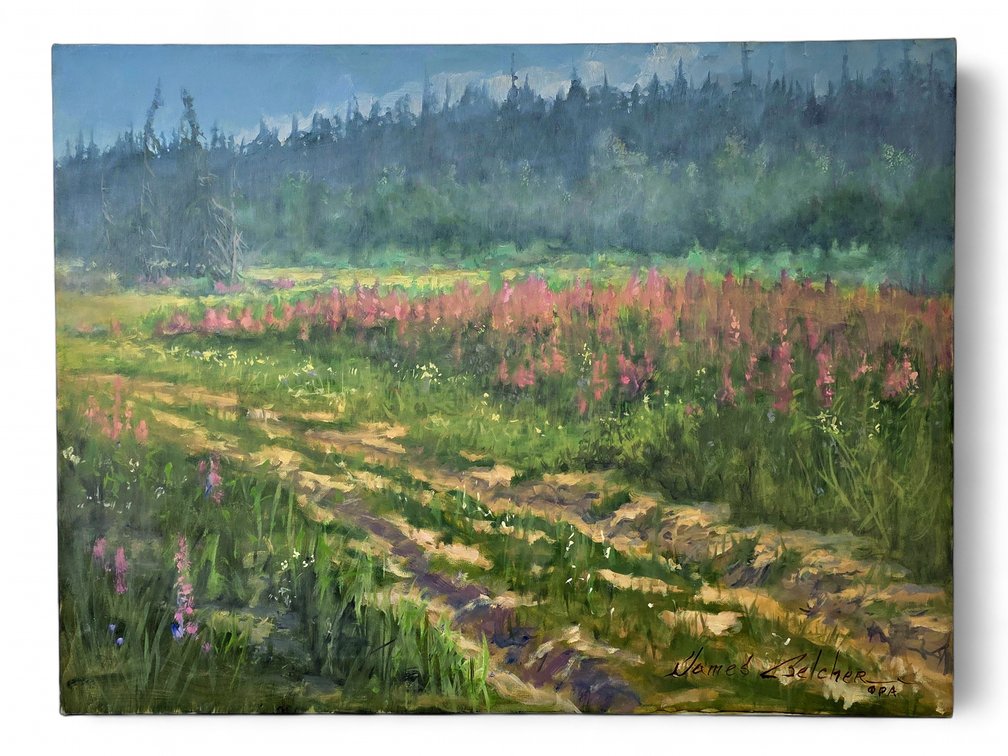 James Belcher Oil Painting of Wheel Tracks Through Fireweed