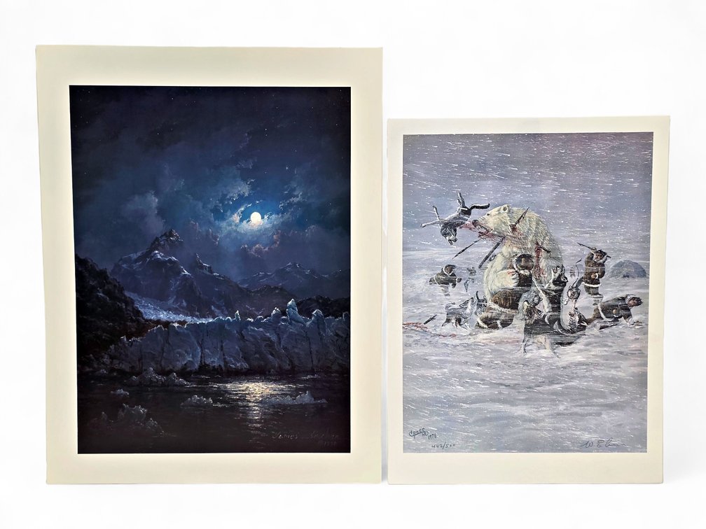 W.E Cross Polar Bear Battle & James Belcher Moonlit Glacier Prints