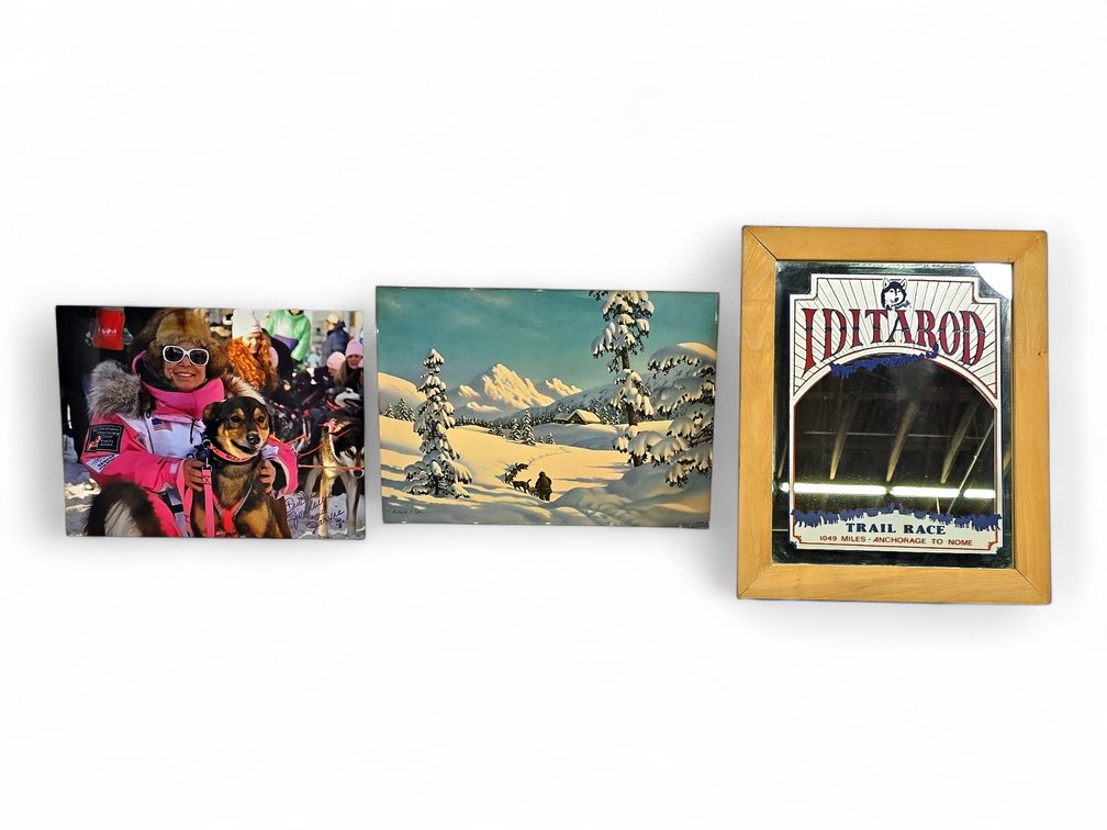 Signed DeeDee Jonrowe Photograph, Frederick D. Ogden Print & Iditarod Mirror