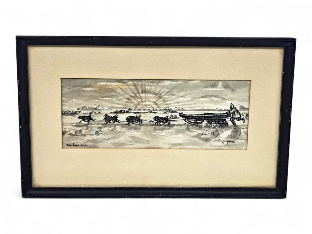 George Ahgupuk Sled Dog Team Original Drawing on Reindeer Skin