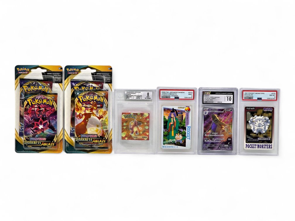 4x Graded Pokémon Cards & Sticker & 2x Sealed Blister Packs