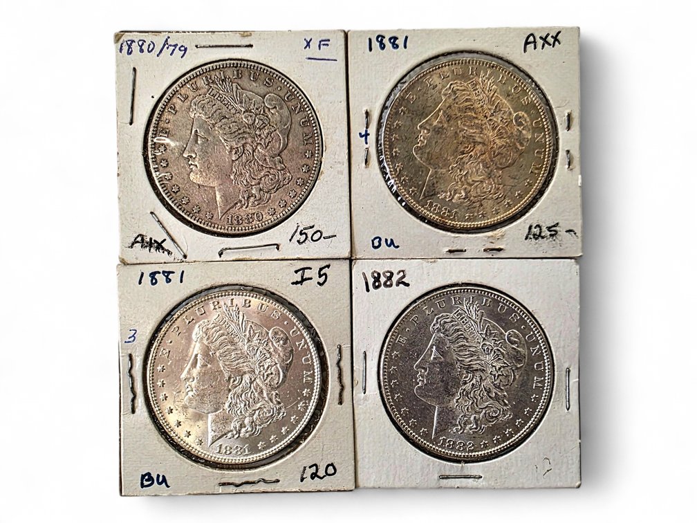 1880, 1881 (2x) & 1882 Morgan Silver Dollars