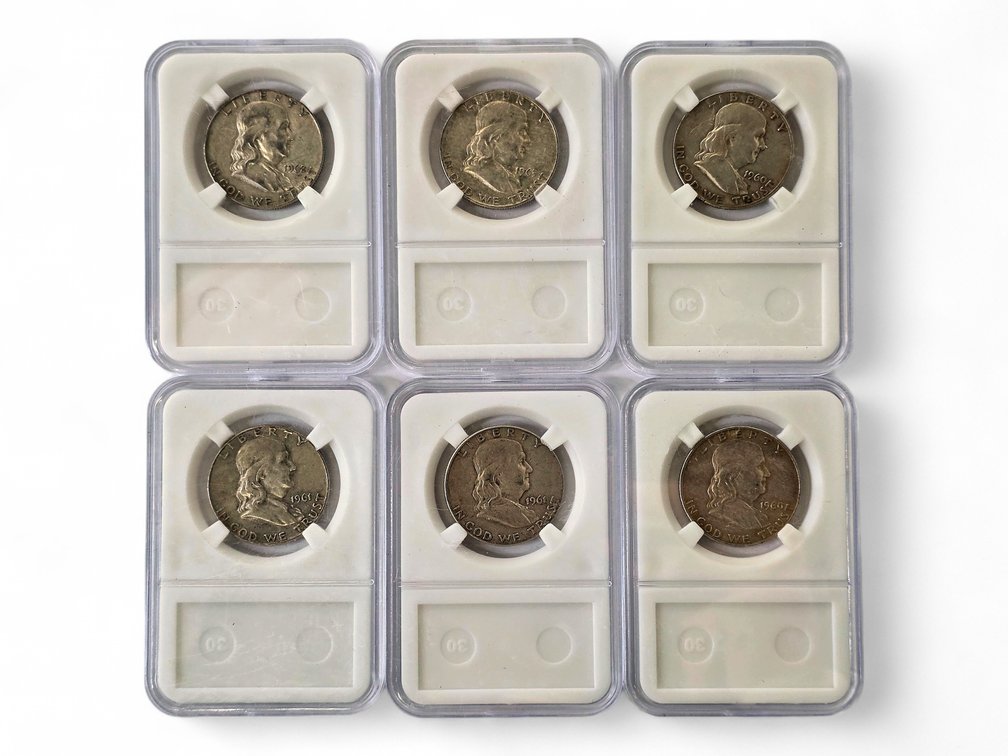 1960 (2x), 1961 (2x), 1962 & 1963 Franklin Silver Half Dollars