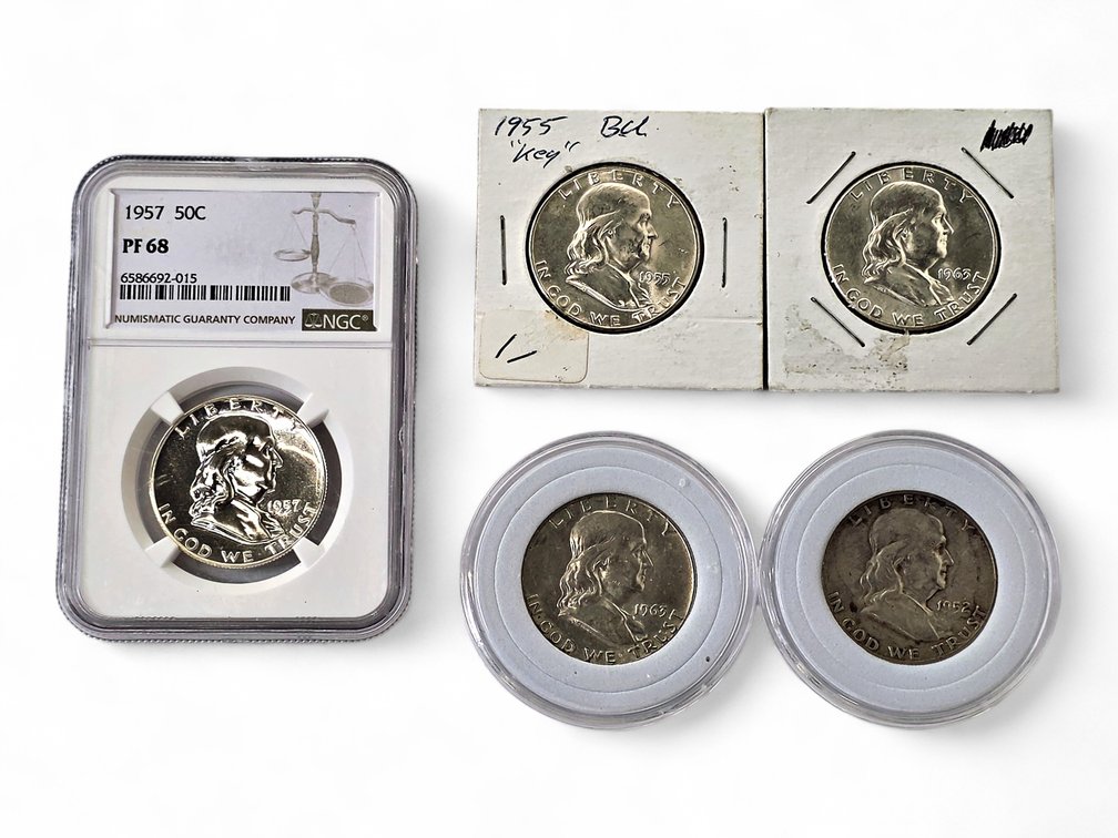 NGC PF68 1957 & 1952, 1955 & 1963(2x) Franklin Silver Half Dollars