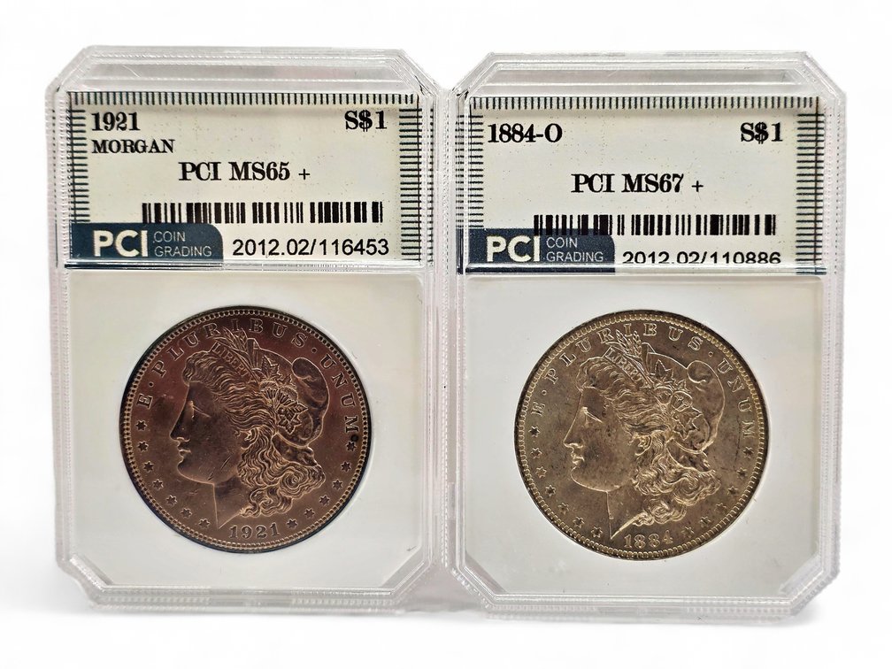 PCI MS67+ 1884-O & PCI MS65+ 1921 Morgan Silver Dollars