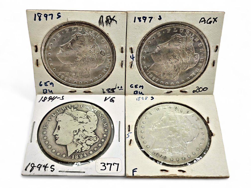 1894-S, 1897-S (2x) & 1898-S Morgan Silver Dollars