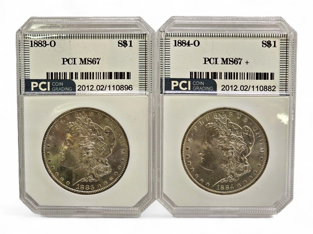 PCI MS67 1883-O & MS67+ 1884-O Morgan Silver Dollars