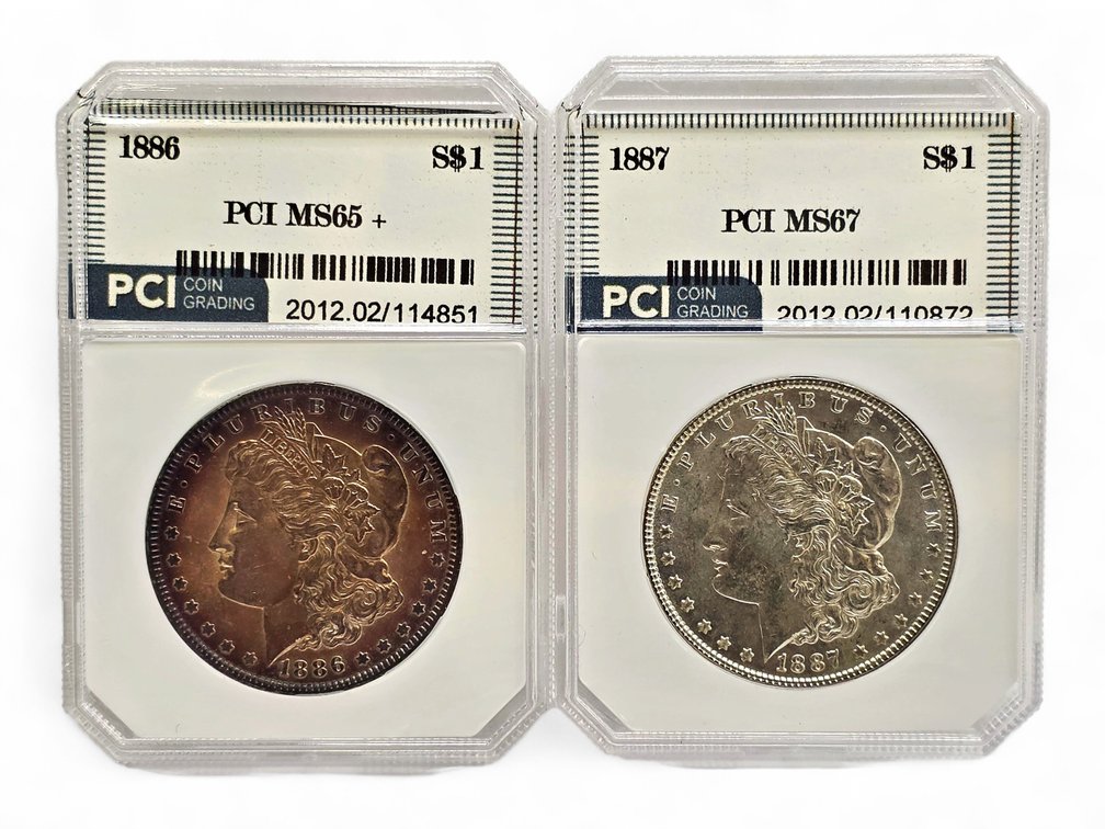 PCI MS65+ 1886 & PCI MS67 1887 Morgan Silver Dollars