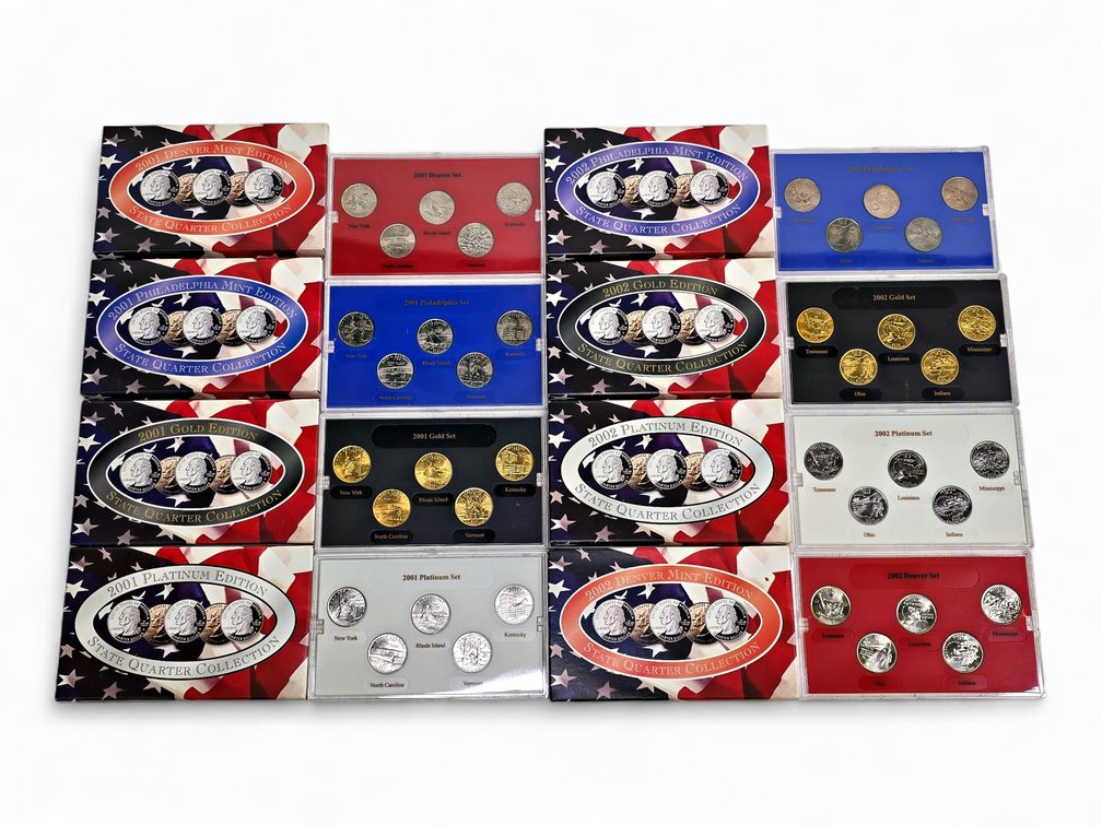 8x 2001 & 2002 Quarter Sets - Philadelphia & Denver Mint, Gold & Platinum Edition