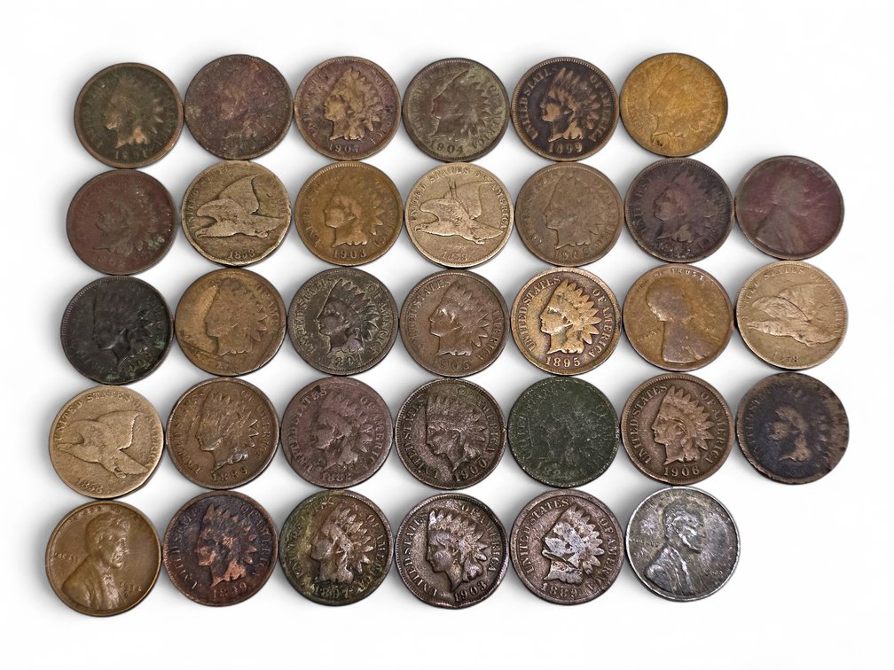 33x 1858 Flying Eagle, 1866-1907 Indian Head, 1920 & 1934 Lincoln & 1943 Lincoln Steel Cents